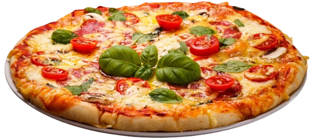 A pizza topped with sliced tomatoes, mushrooms, cheese, and fresh basil leaves on a white plate.